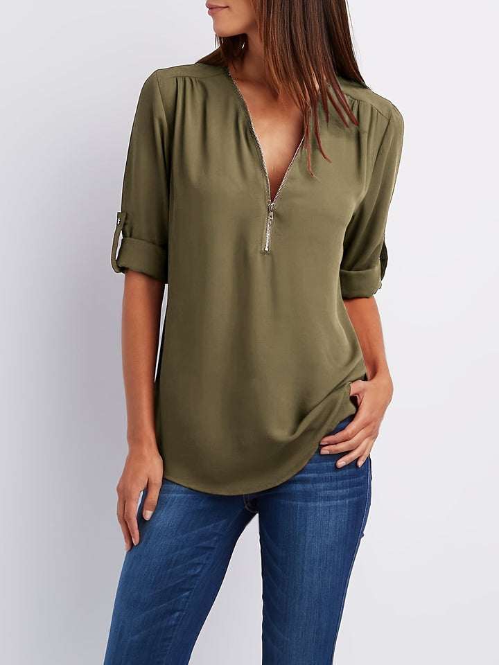 Ariana | Zip-Front V-Neck Blouse