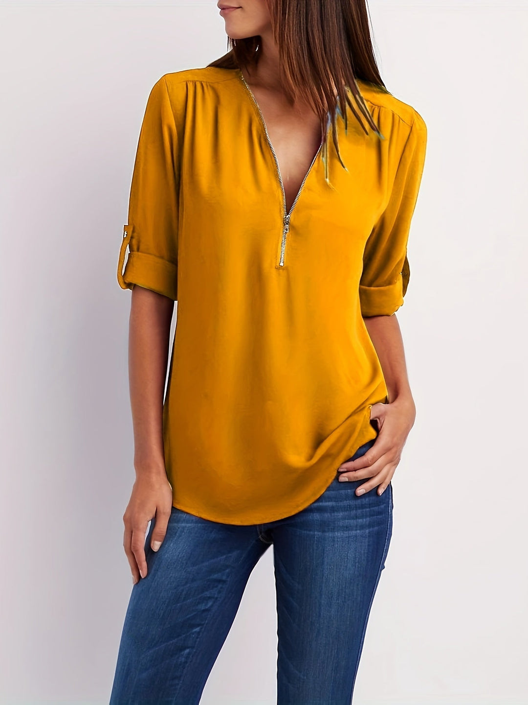Ariana | Zip-Front V-Neck Blouse