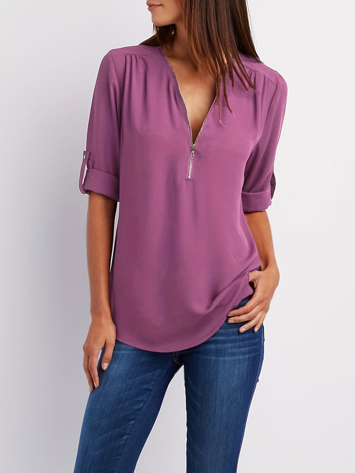 Ariana | Zip-Front V-Neck Blouse