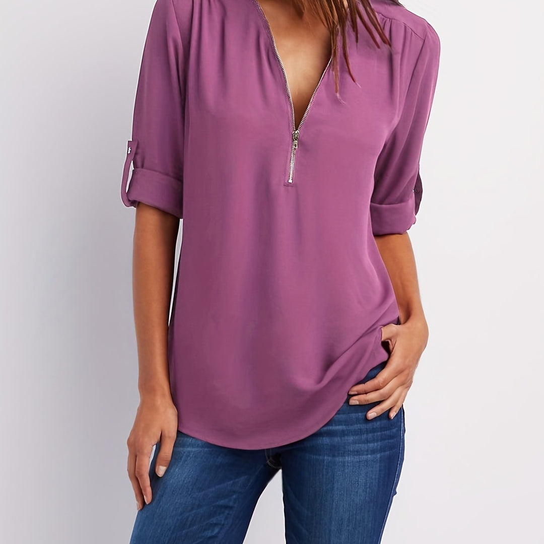 Ariana | Zip-Front V-Neck Blouse