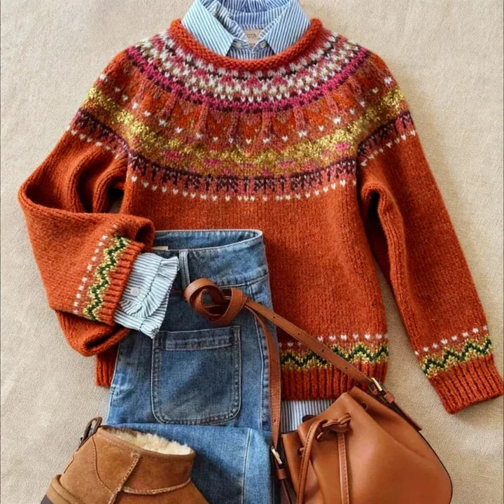Rust Nordic Yoke Knit Sweater Rose