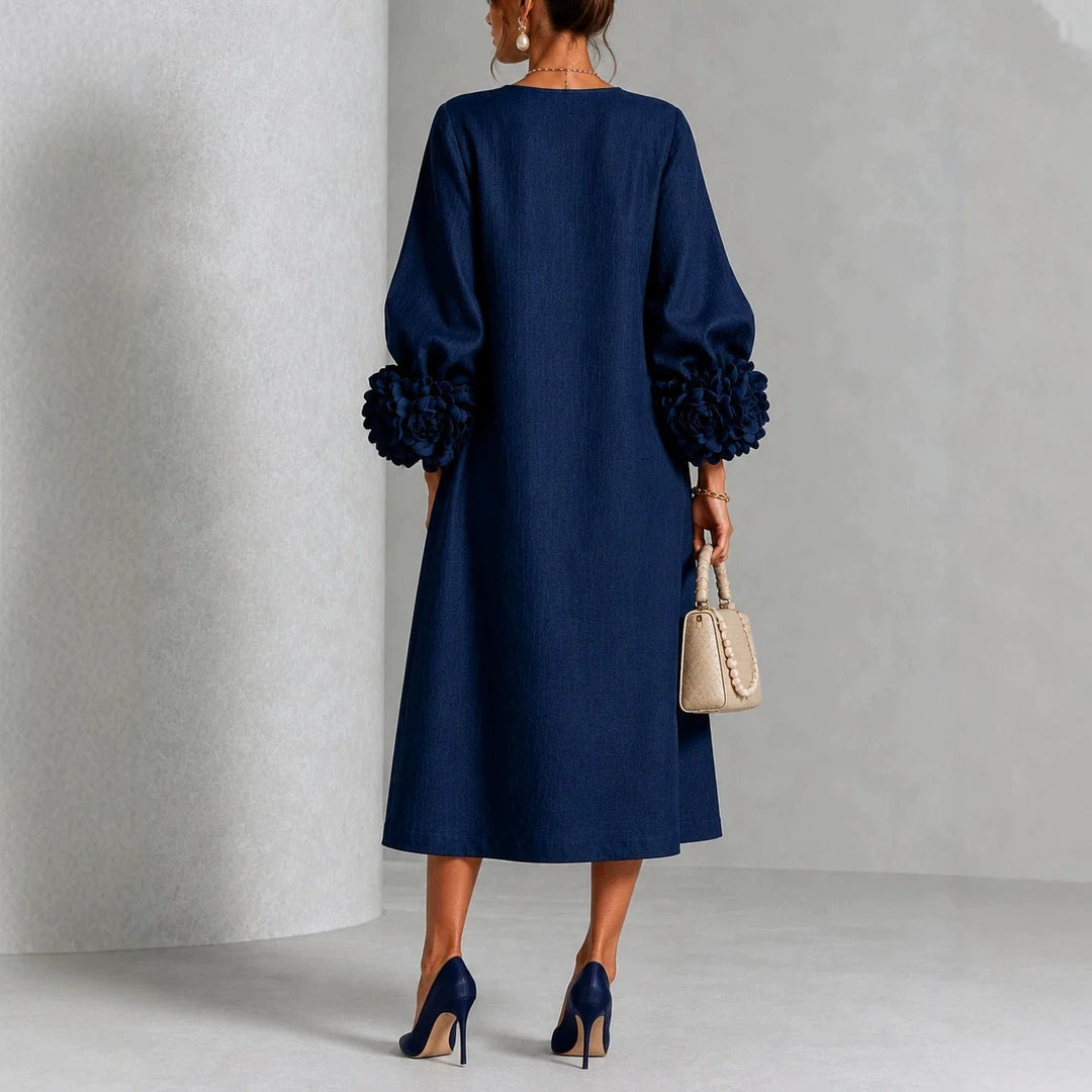 IVY | Floral Midi Dress with Rose-Cuff Sleeves