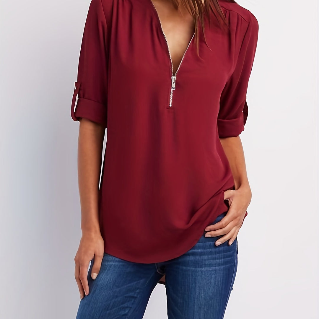 Ariana | Zip-Front V-Neck Blouse
