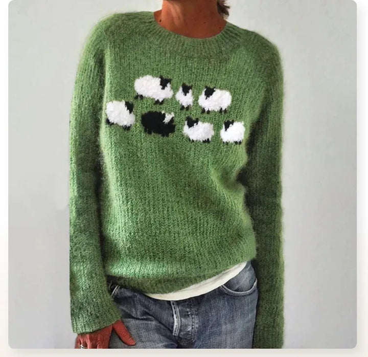 Green Sheep Motif Knit Sweater Helen