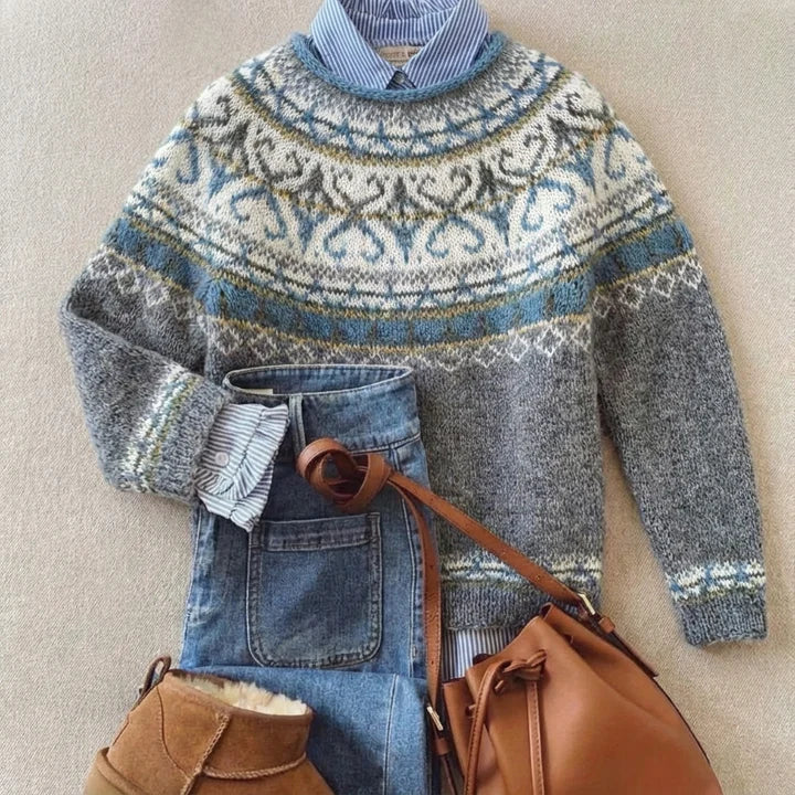 Scroll Pattern Yoke Knit Sweater Janet