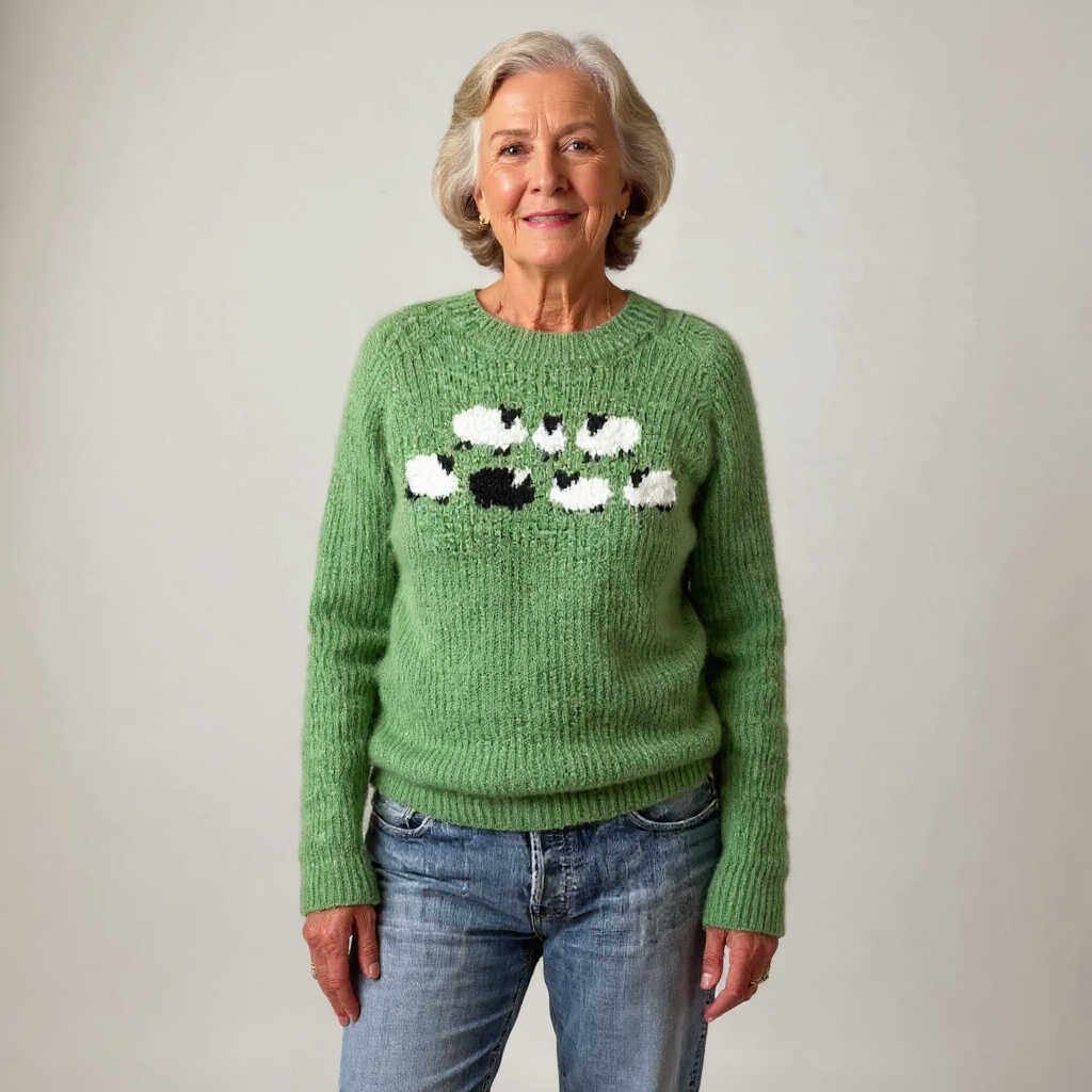 Green Sheep Motif Knit Sweater Helen