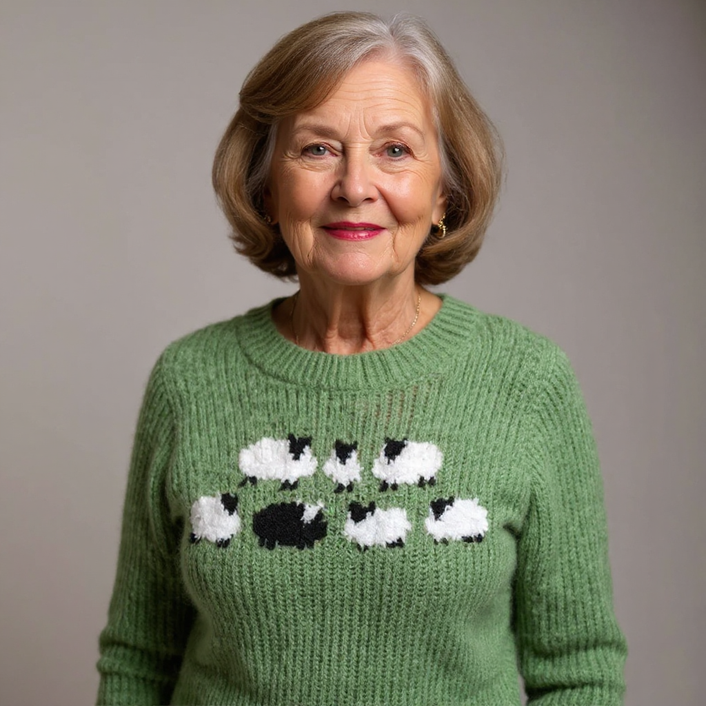 Green Sheep Motif Knit Sweater Helen